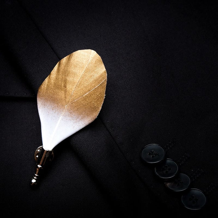 Kid's Gold & White Butterscotch Feather Bow Tie with Lapel Pin - image 2