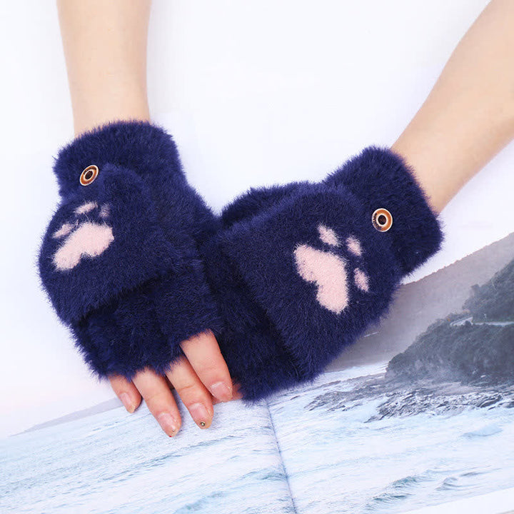 Women's Warm Cat Paw Print Mittens Fluffy Gloves - Navy - image 4