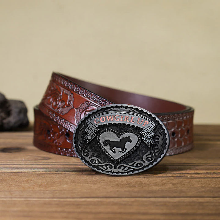 Women's DIY Silver Cowgirl Up Buckle Leather Belt - Cowgirl Up - Brown Carved Belt (40) - image 11