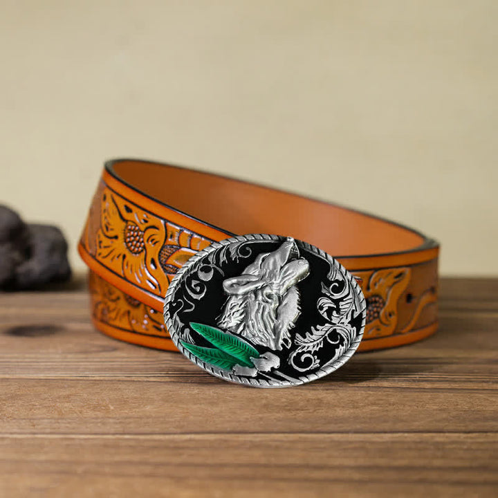 Men's DIY Howling Wolf Head Buckle Leather Belt - Antique Silver - Orange Carved Belt (40) - image 17