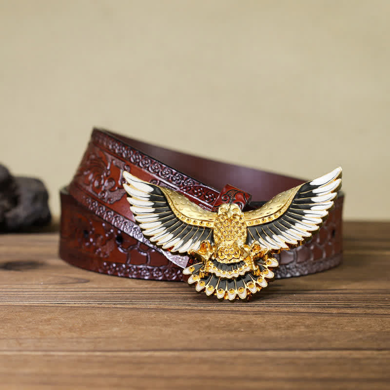 Men's DIY Golden Eagle Spread Wings Buckle Leather Belt - Eagle - Brown Carved Belt (40) - image 12