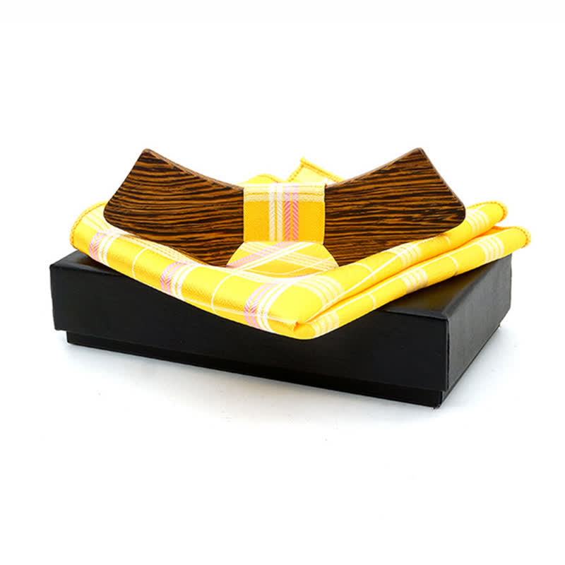 2Pcs Men's Collar-shaped Wooden Bow Tie Set - Yellow Plaid - image 16