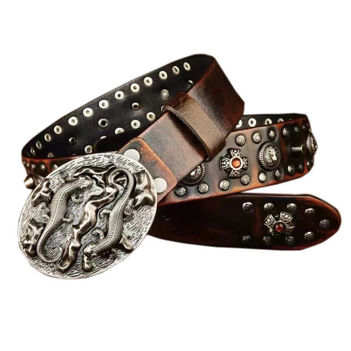 Men's Studded Ruby Lion Ornament Leather Belt - Yelllowish-Brown - 44 - image 8