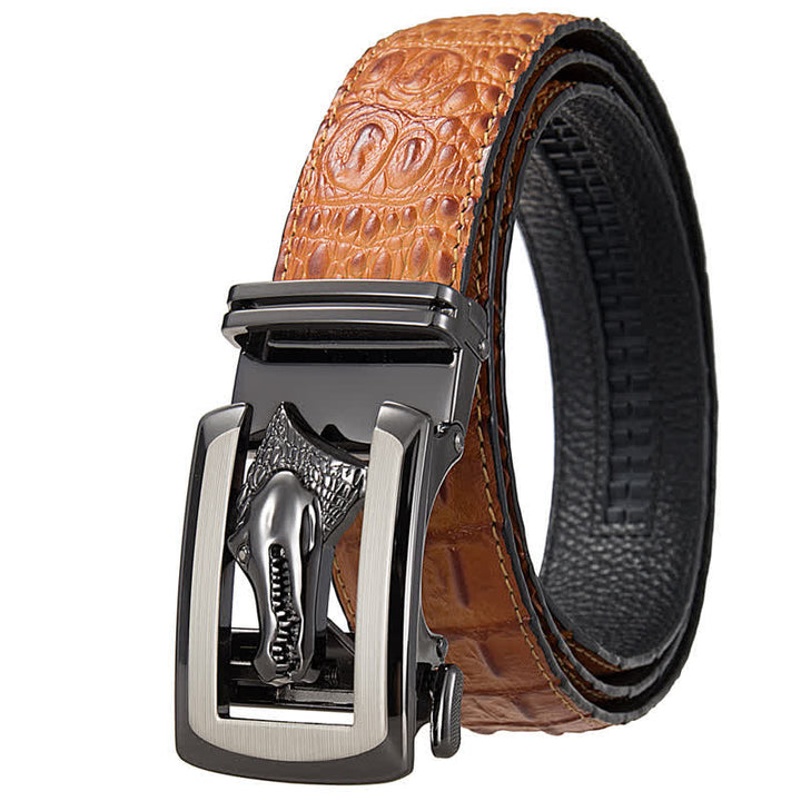 Men's Hollow Automatic Buckle Crocodile Print Leather Belt - Orange / Gray - 46 - image 13
