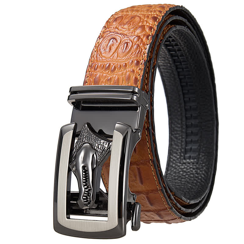 Men's Hollow Automatic Buckle Crocodile Print Leather Belt - Orange / Gray - 46 - image 13
