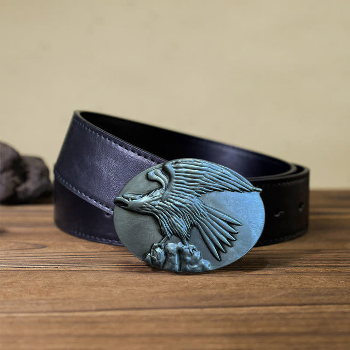 Men's DIY Eagle On Stone Buckle Leather Belt - Silver - Black PU Belt (40) - image 5