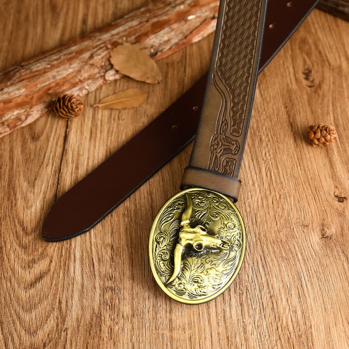 Men's Vintage Floral Longhorn Bull Leather Belt - image 5