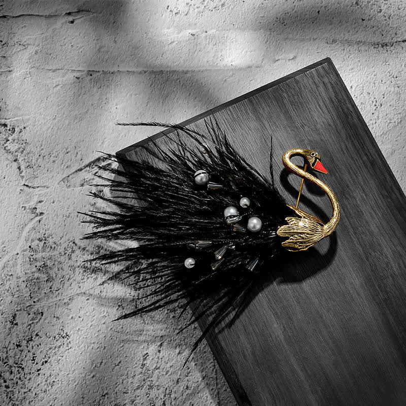 Women's Black / White Swan Plush Feather Brooch - Style #2 - Black - image 8