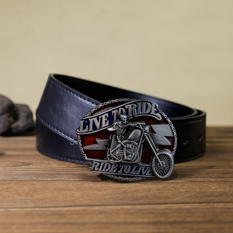 Men's DIY Skull Biker Live to Ride Buckle Leather Belt - Skull Biker - Black PU Belt (40) - image 2