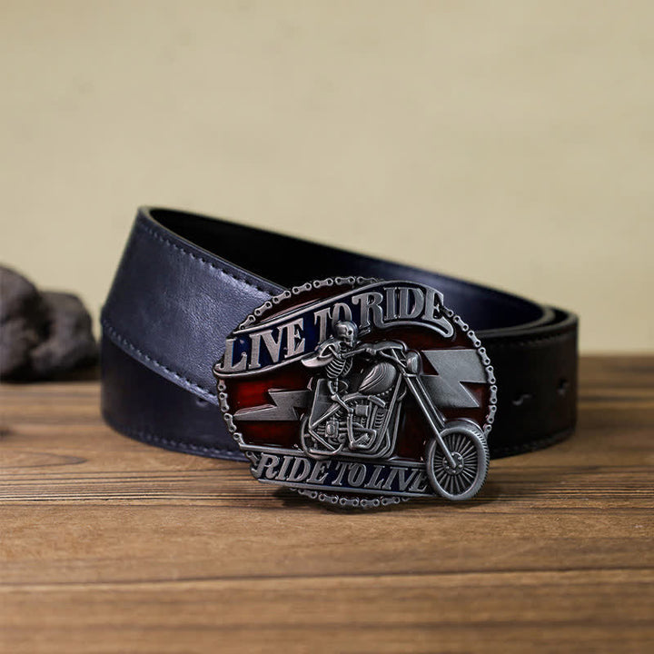 Men's DIY Skull Biker Live to Ride Buckle Leather Belt - Skull Biker - Black PU Belt (40) - image 2
