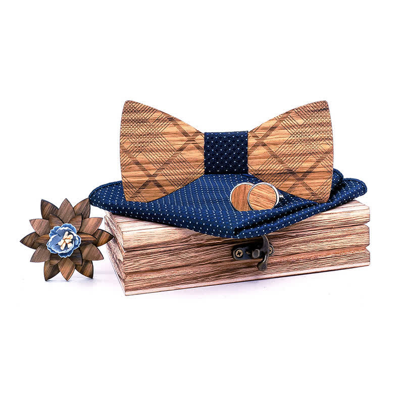 4Pcs Men's Classic Plaids Wooden Bow Tie Set - Navy Checks - image 0