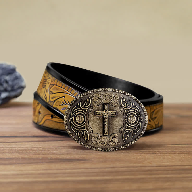 Men's DIY Faith Cross Floral Buckle Leather Belt - Antique Bronze - SandyBrown Belt (40) - image 21