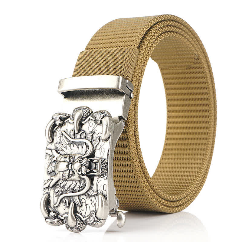 Men's Casual Dragon Decor Nylon Belt - Khaki / Silver - 48" - image 10