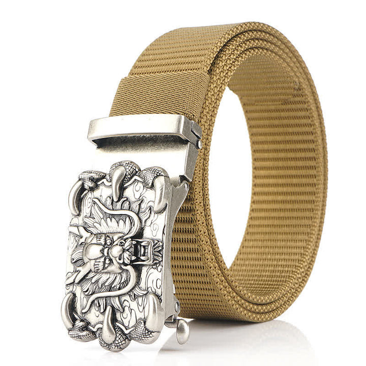 Men's Casual Dragon Decor Nylon Belt - Khaki / Silver - 48" - image 10
