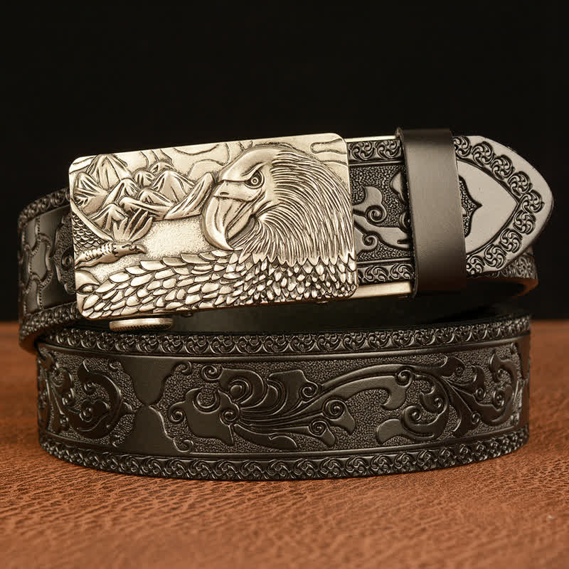 Men's Landscape Animal Eagle Leather Belt - Silver & Black - 46 - image 16