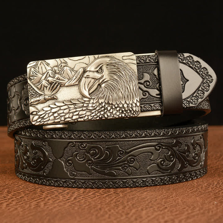 Men's Landscape Animal Eagle Leather Belt - Silver & Black - 46 - image 16