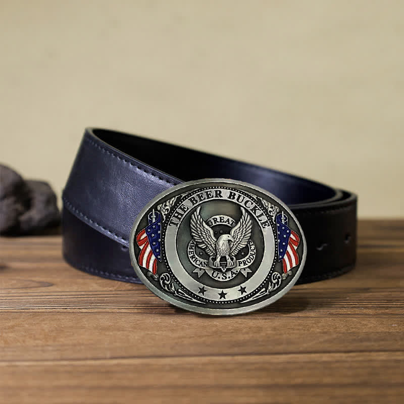 Men's DIY Eagle USA Flag Creative Beer Holder Buckle Leather Belt - Silver - Black PU Belt (40) - image 11