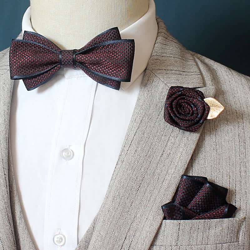 3Pcs Men's Micro Check Wedding Groom Bow Tie Set - Plain - Burgundy - image 0