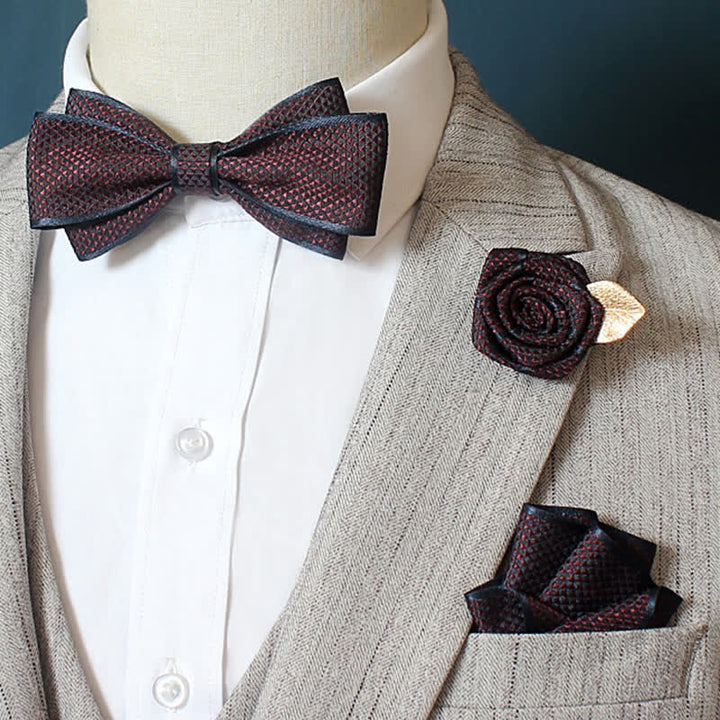 3Pcs Men's Micro Check Wedding Groom Bow Tie Set - Plain - Burgundy - image 0