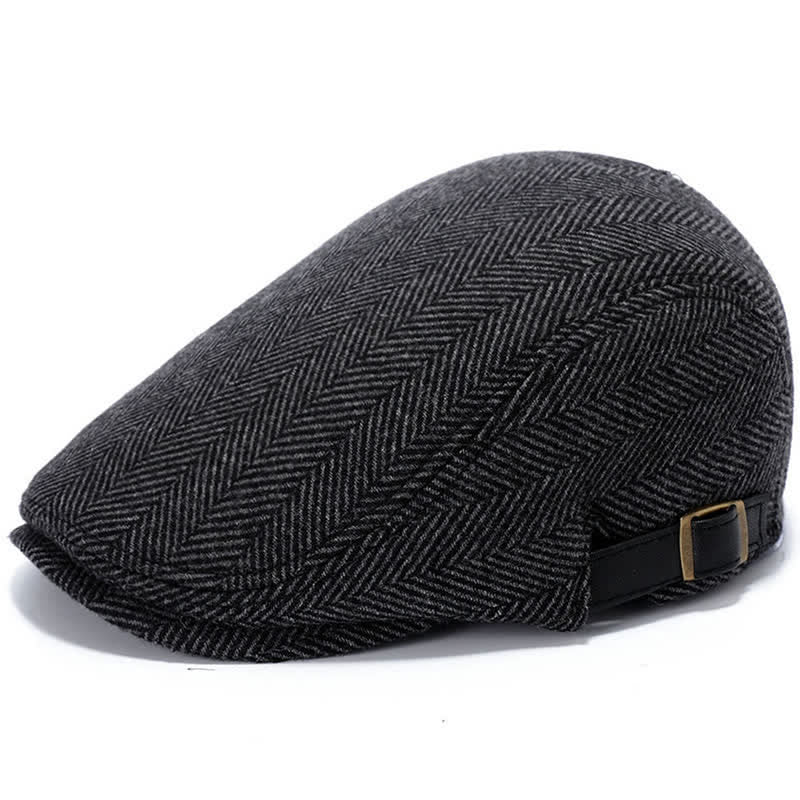 Leather Adjustable Buckle Flat Beanie Cap Beret - Gray Herringbone - Adjustable (about 22"-23 1/4") - image 9
