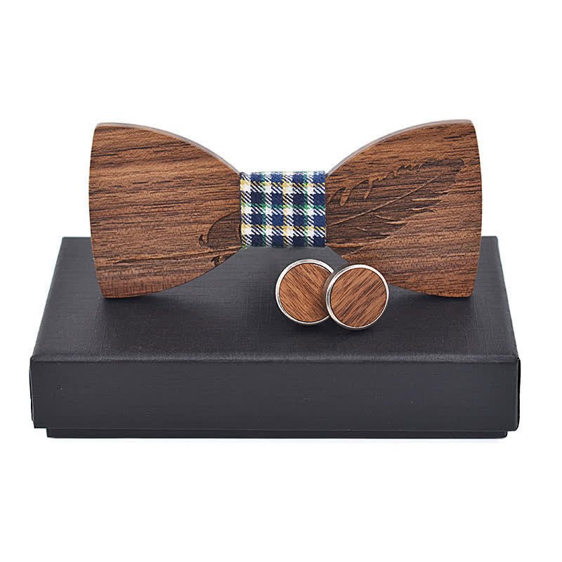 2Pcs Men's Feather Engraving Wooden Bow Tie Set - Navy Plaid - image 7