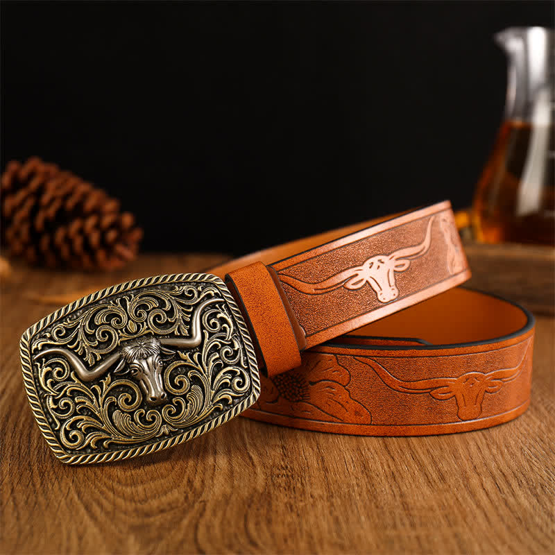 Men's Flower Square Bull Buckle Leather Belt - Yellowish-Brown / Gold #1 - 38 - image 2