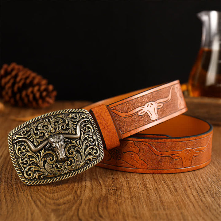 Men's Flower Square Bull Buckle Leather Belt - Yellowish-Brown / Gold #1 - 38 - image 2