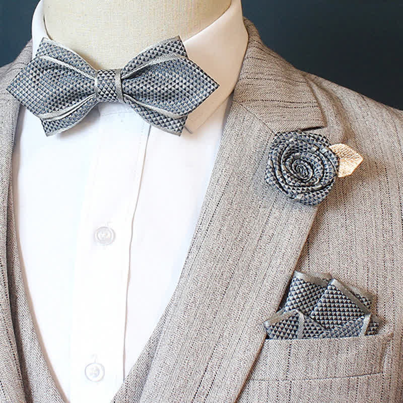 3Pcs Men's Micro Check Wedding Groom Bow Tie Set - Pointy - Dusty Blue - image 7