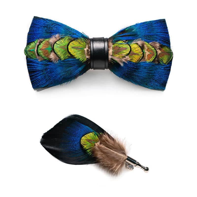 Blue & Green-yellow Feather Bow Tie with Lapel Pin - image 2