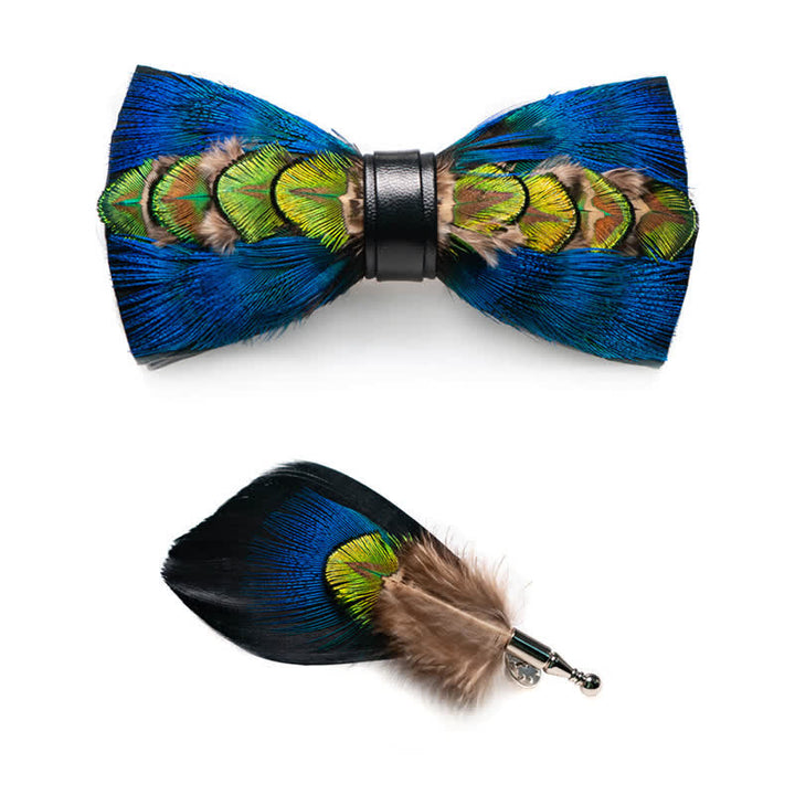 Blue & Green-yellow Feather Bow Tie with Lapel Pin - image 2