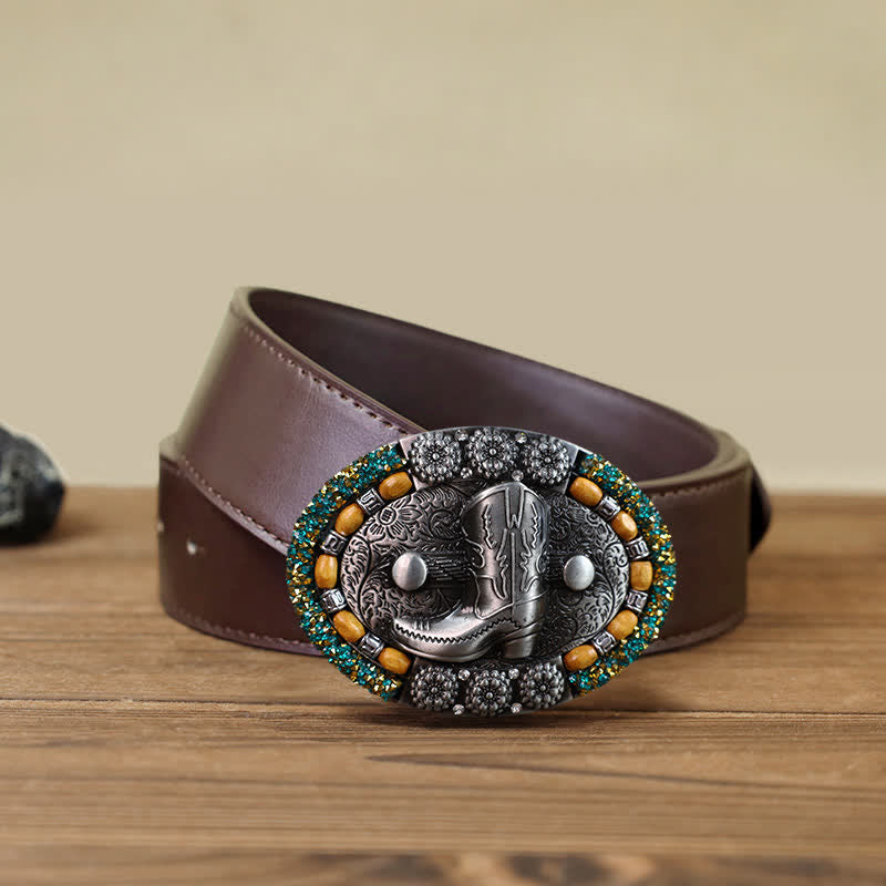 Men's DIY Wood Bead Rhinestone Boot Buckle Leather Belt - Boot - Brown PU Belt (40) - image 6