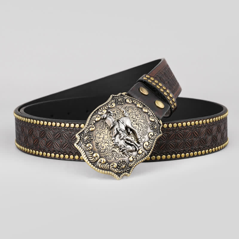 Men's Riding Horse Floral Pattern Leather Belt - Riding Horse - 42 - image 0