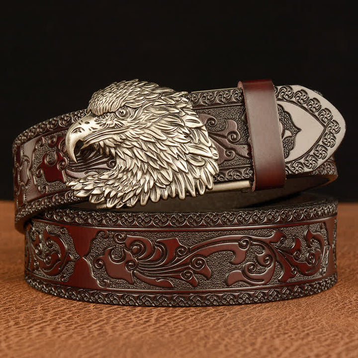 Men's Three-dimensional Eagle Head Leather Belt - Silver & Brown - 46 - image 12