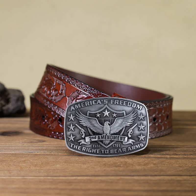Men's DIY Eagle America's Freedom Buckle Leather Belt - Antique Silver - Brown Carved Belt (40) - image 17
