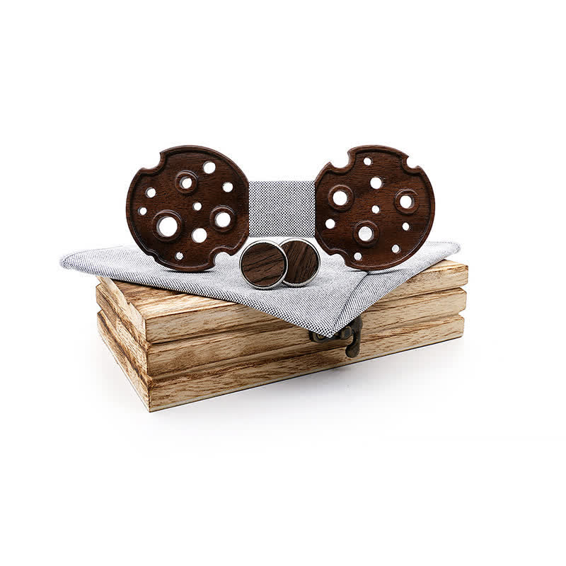 3Pcs Men's Hollow Circle Wooden Bow Tie Set - Silver - image 0