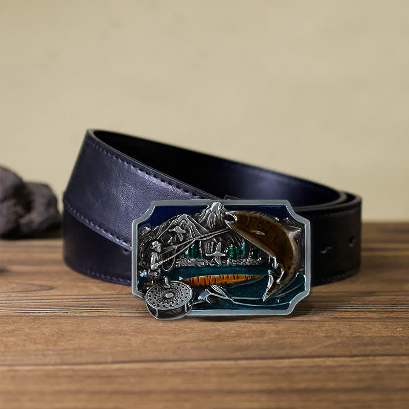 Men's DIY Fishing Enamel Rectangle Buckle Leather Belt - Fishing - Black PU Belt (40) - image 3