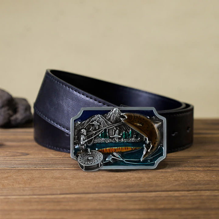 Men's DIY Fishing Enamel Rectangle Buckle Leather Belt - Fishing - Black PU Belt (40) - image 3