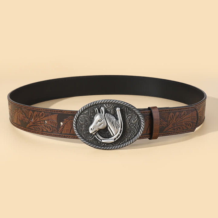 Men's Horse Head Brown Embossed Pattern Leather Belt - image 2