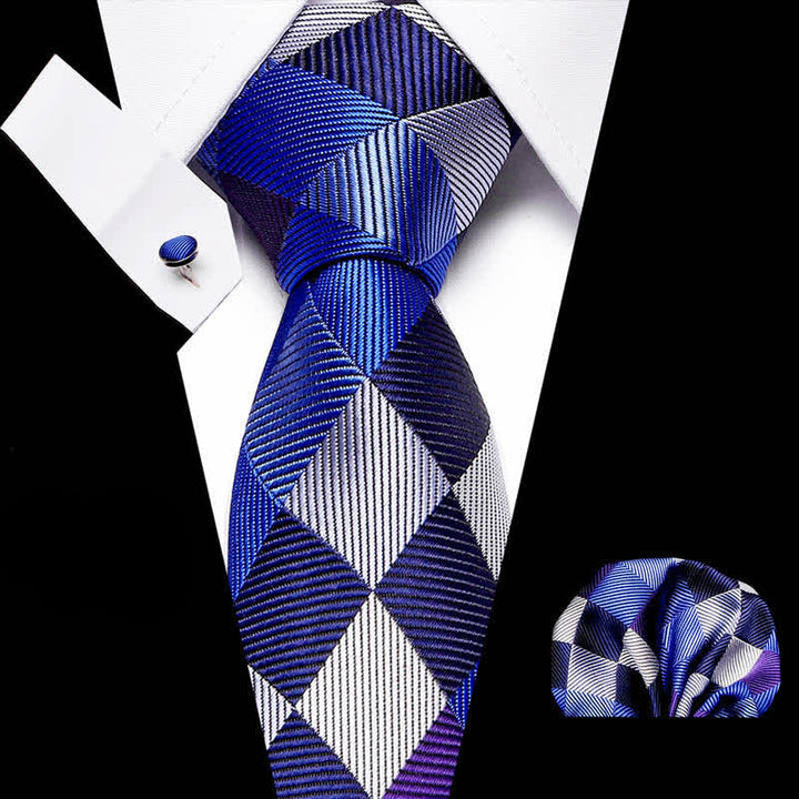 3Pcs Men's Modern Blue & Gray Checkerboard Necktie Set - Blue & Gray - image 0