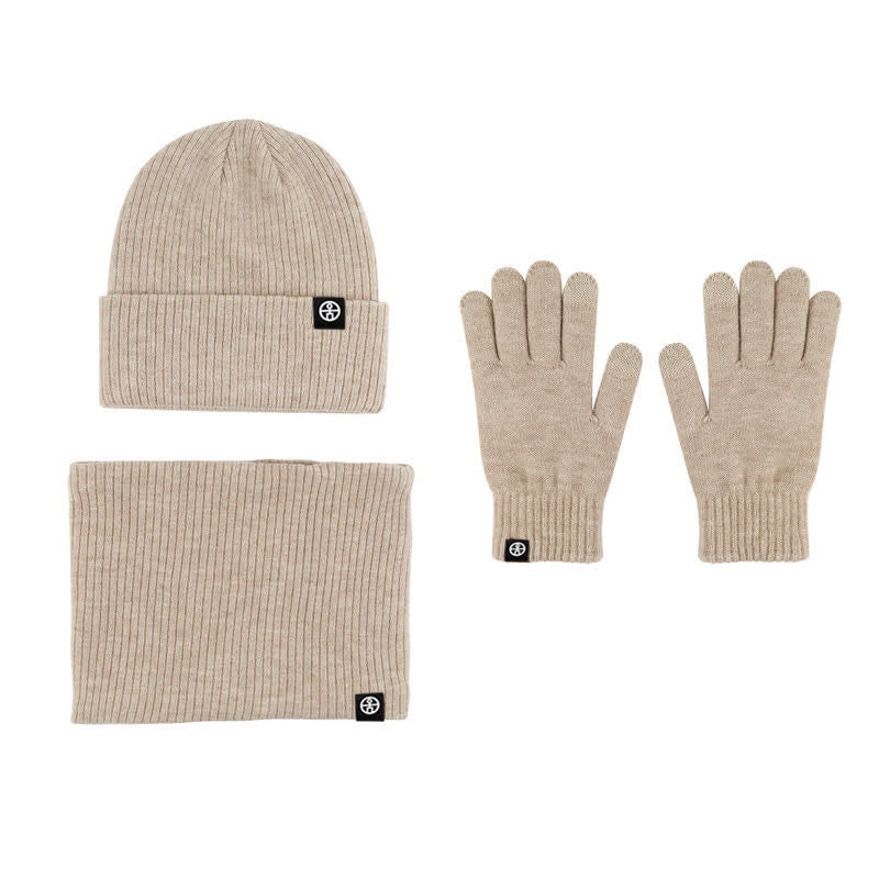3Pcs Unisex Solid Color Soft Hat Scarf Gloves Set - Khaki - Adjustable (Approx. 21 1/4"-23 1/4") - image 1