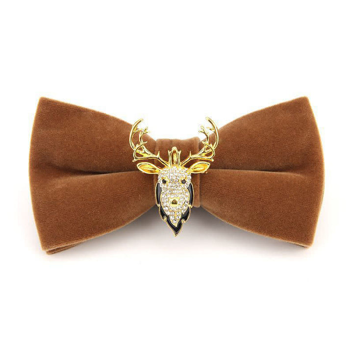 Men's Elk Head Rhinestone Christmas Velvet Bow Tie - Camel Deer Head - image 2