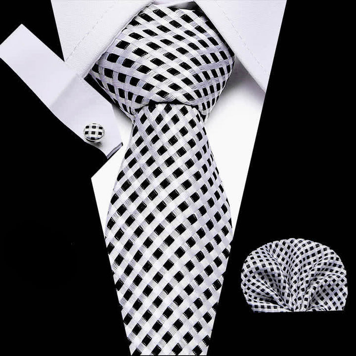 3Pcs Men's White & Black Woven Checked Necktie Set - White & Black - image 0