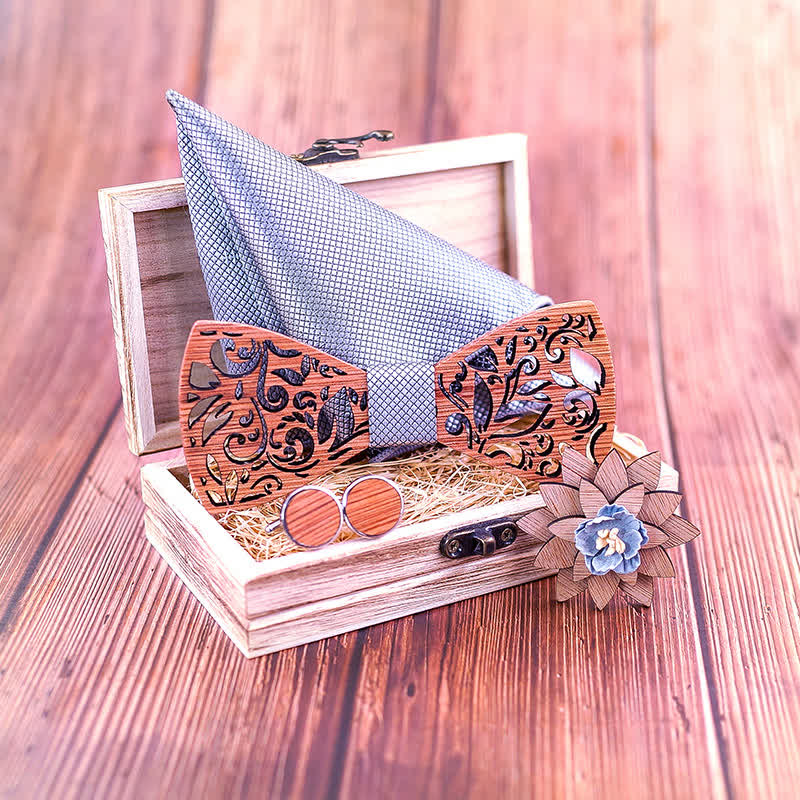 4Pcs Men's Plant Hollow Wooden Bow Tie Set - image 3
