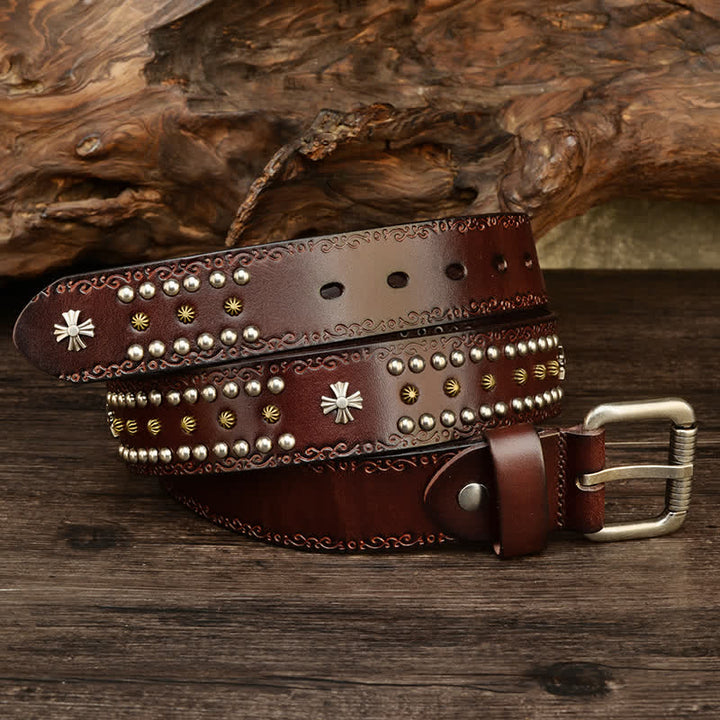 Unisex Rock Style Cross Rivet Studded Decor Belt - Coffee - 42 - image 14