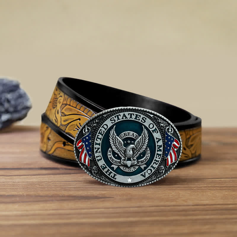 Men's DIY Patriotic Eagle Flag Buckle Leather Belt - Eagle - SandyBrown Belt (40) - image 13