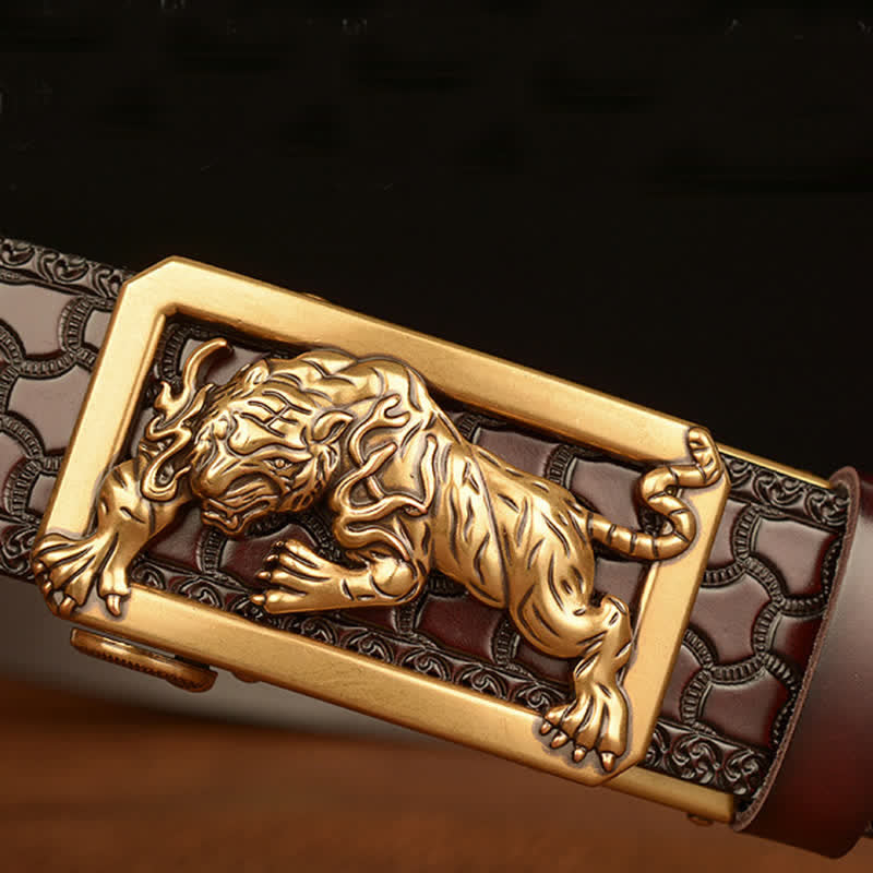 Men's Tiger Buckle Floral Embossed Leather Belt - image 5