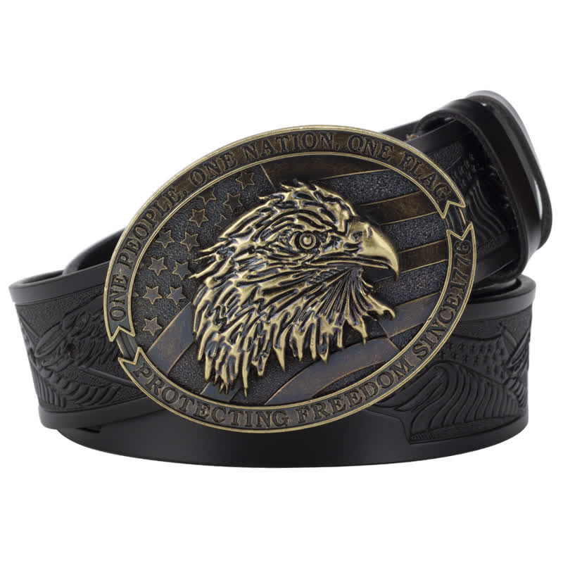 Men's Bald Eagle Head American Flag Buckle Leather Belt - Black / Bronze - 46 - image 10
