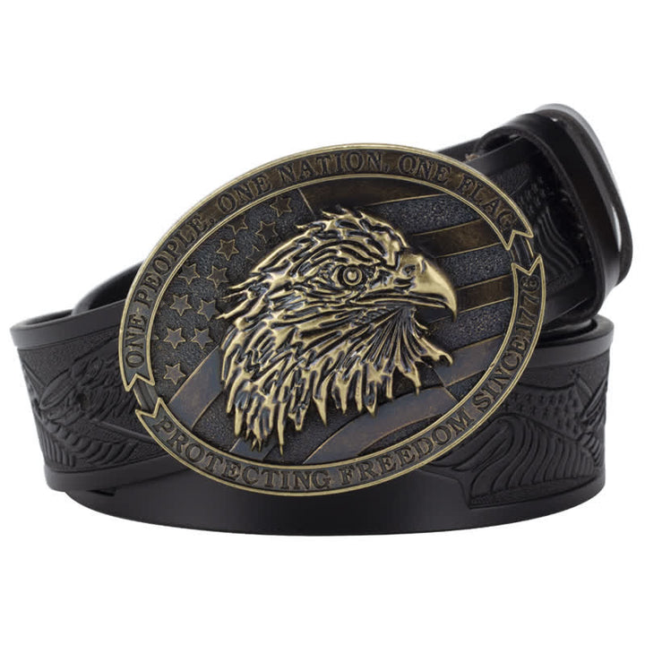 Men's Bald Eagle Head American Flag Buckle Leather Belt - Black / Bronze - 46 - image 10