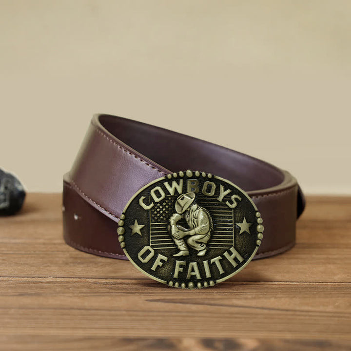 Men's DIY Cowboys Of Faith Buckle Leather Belt - Antique Gold - Brown PU Belt (40) - image 10