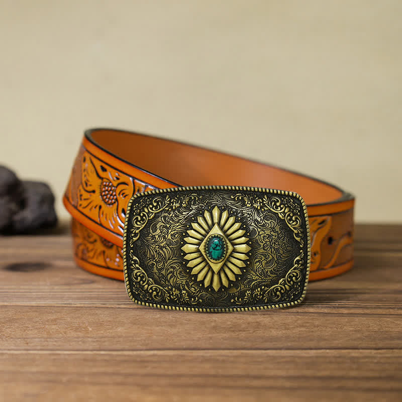Men's DIY Square Turquoise Western Buckle Leather Belt - Antique Gold - Orange Carved Belt (40) - image 27